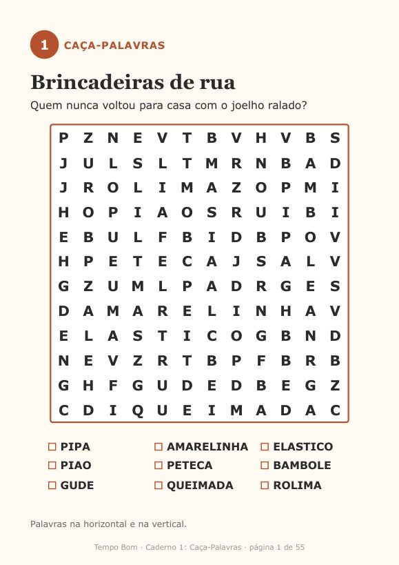 Página de exemplo do caderno Caça-Palavras