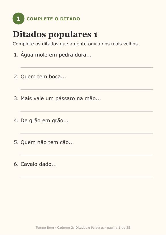 Página de exemplo do caderno Ditados e Palavras
