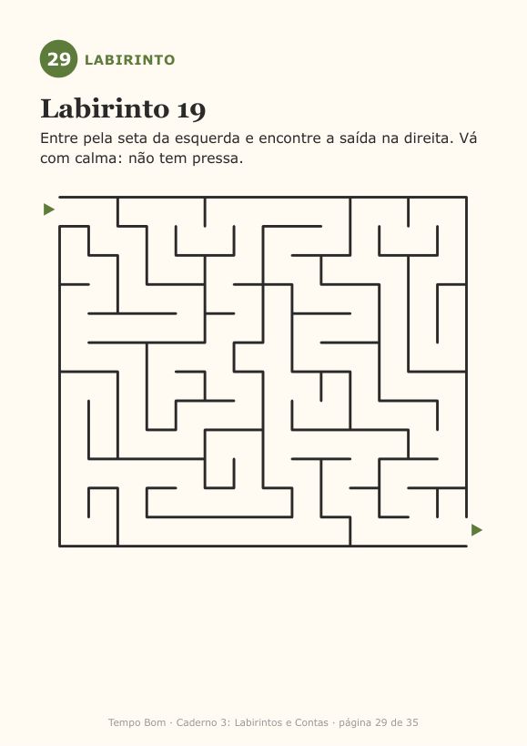 Página de exemplo do caderno Labirintos e Contas